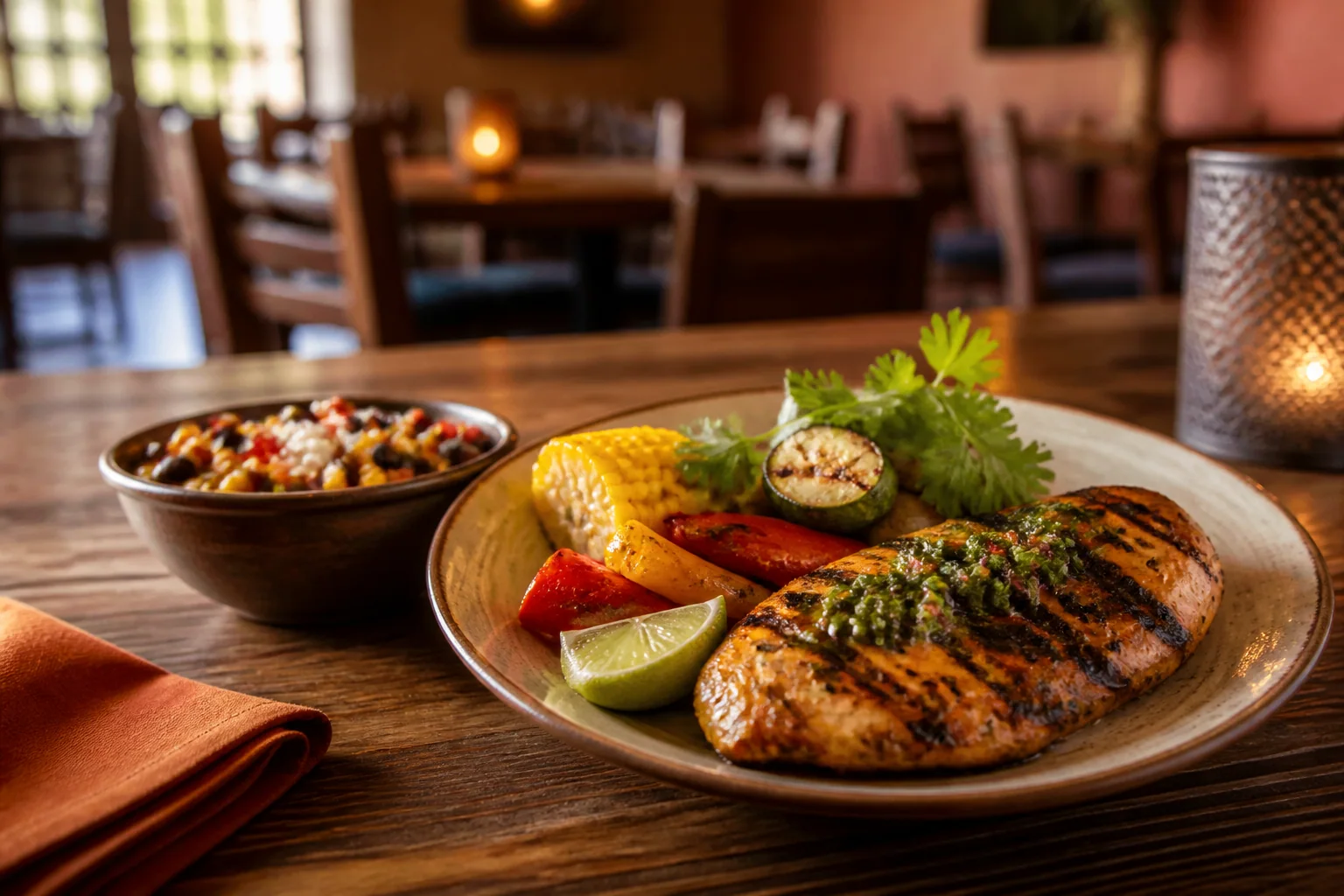 Southwestern-inspired grilled entrée with roasted vegetables, charred corn, lime, and fresh herbs on a rustic restaurant table