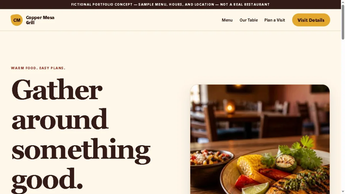 Copper Mesa Grill fictional homepage with a warm restaurant headline and grilled entrée photograph