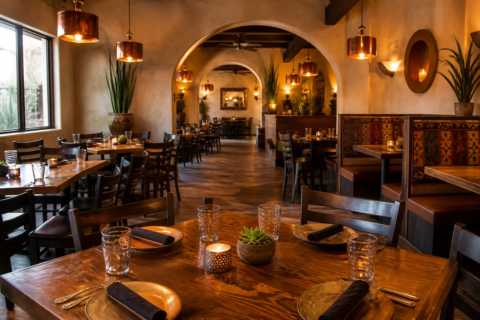 Warm casual dining room with natural wood tables, textured walls, copper lights, and comfortable booth seating