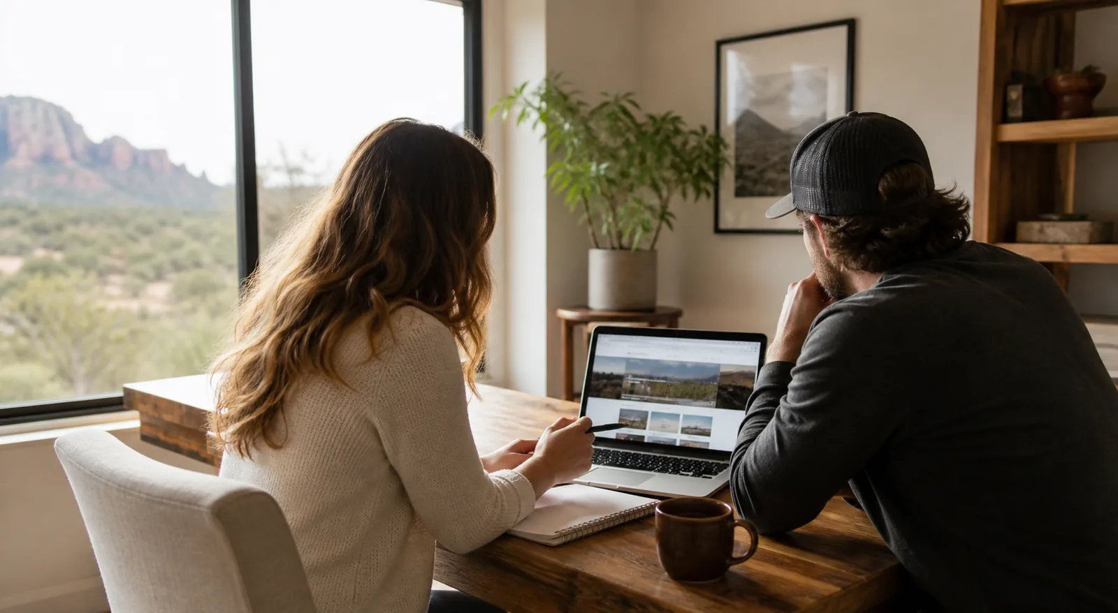Two people planning a small-business website together at a laptop