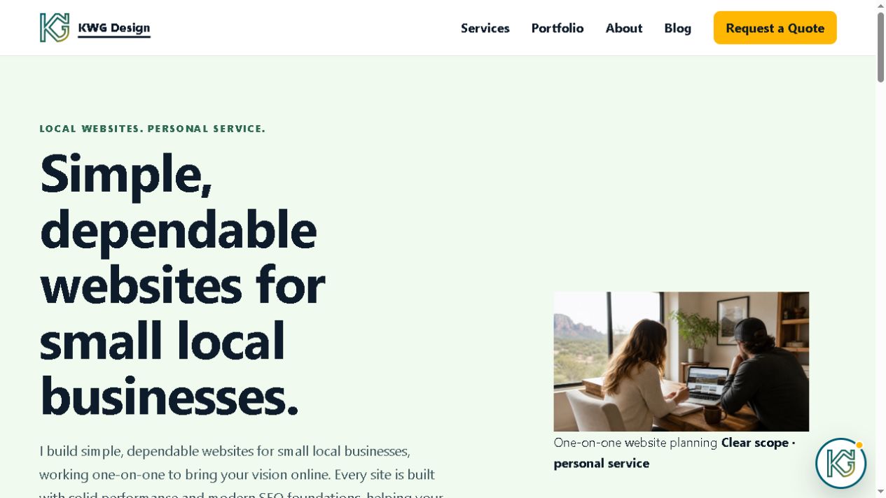 KWG Design homepage with the headline Your business deserves a website that works as hard as you do