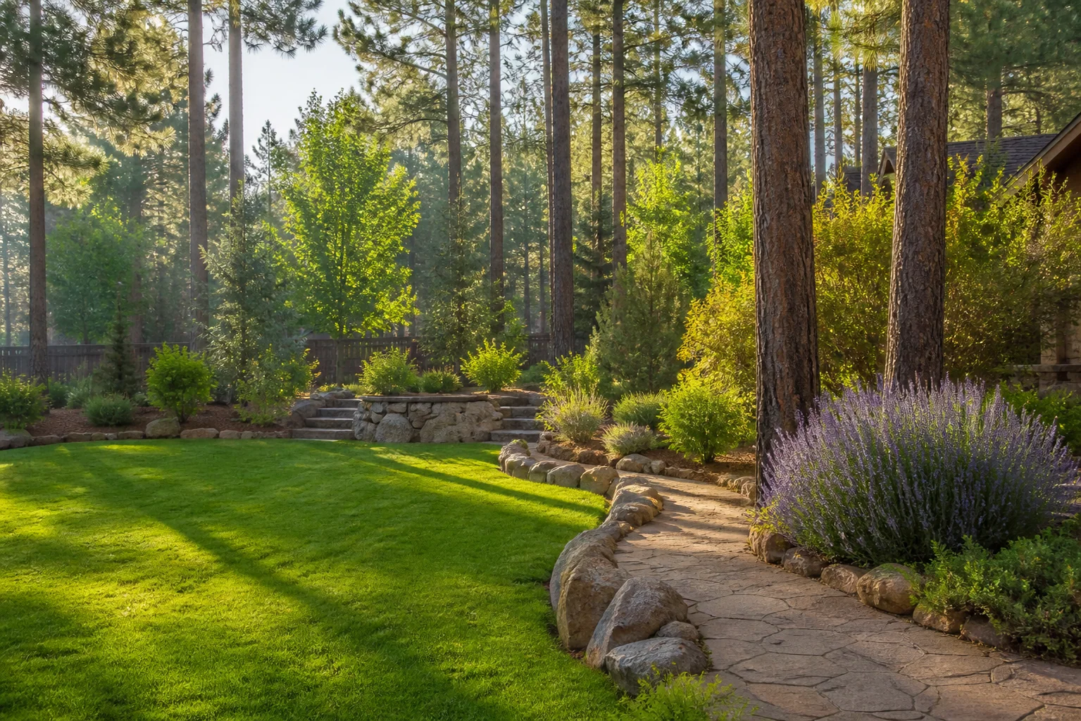 Maintained high-country yard with green lawn, native shrubs, stone paths, and tall ponderosa pines in warm morning light