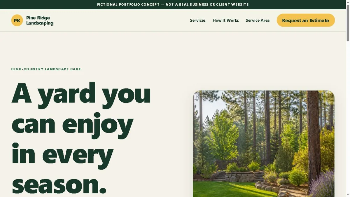 Pine Ridge Landscaping fictional homepage with a green headline and high-country yard photograph