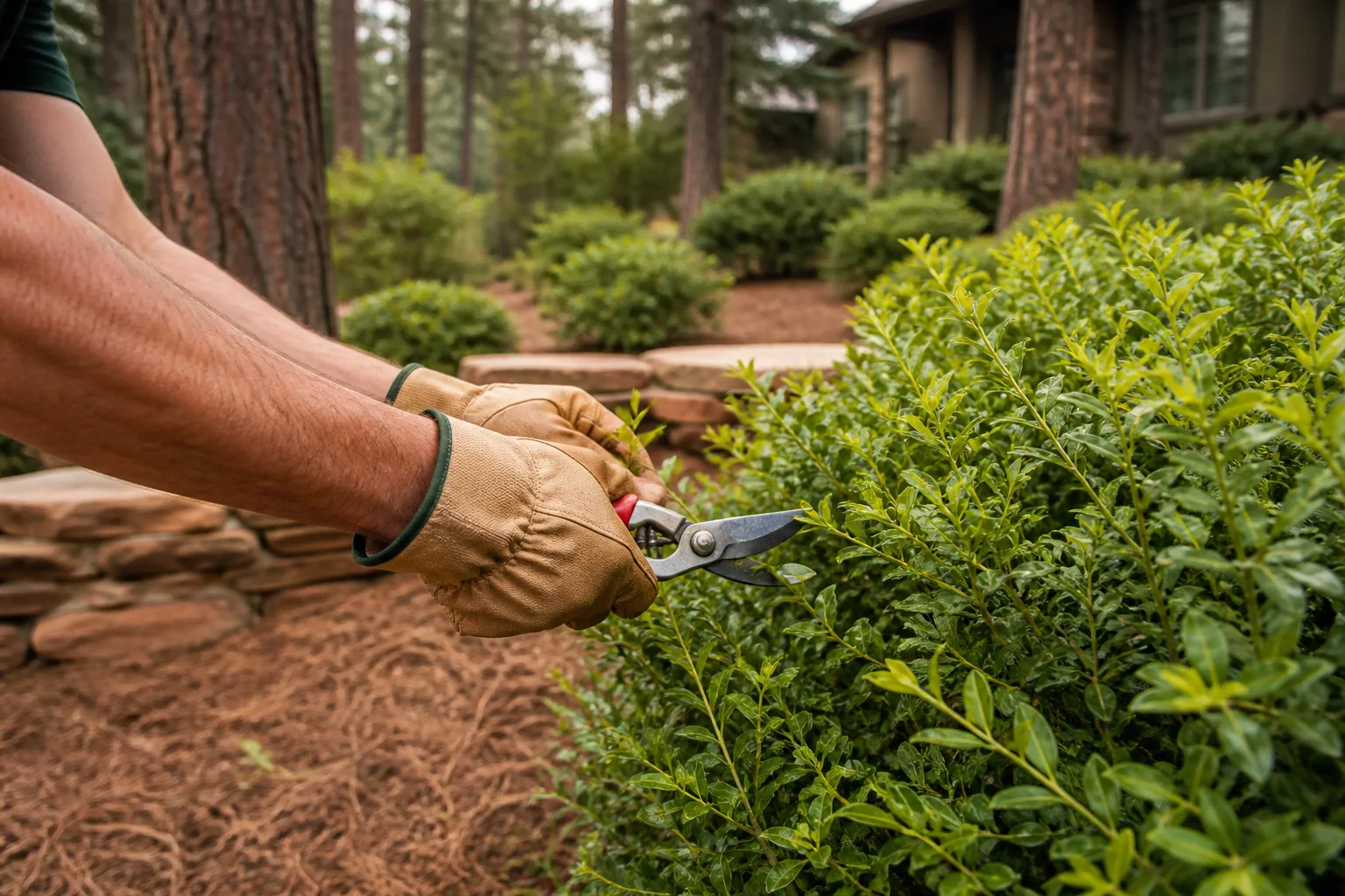 Gloved hands carefully trimming a green shrub at a landscaped property beneath ponderosa pines