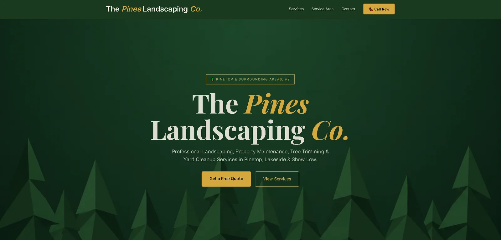 The Pines Landscaping Co. live homepage with a dark green forest design and gold quote buttons